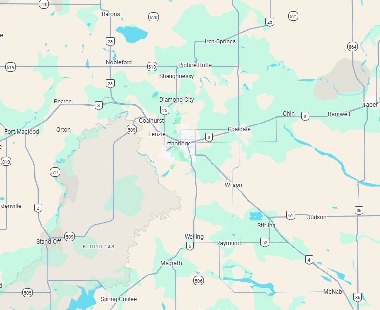 Map showing Junk Wizard service area around Lethbridge, Coaldale, Coalhurst, Picture Butte, Raymond, Stirling, and nearby communities